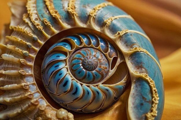 Immagine ravvicinata di un carino guscio giallo e blu Scellfish vacanza al mare macro foto Nautilus spirale