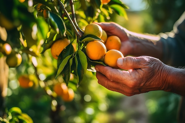 Immagine ravvicinata di un contadino che raccoglie arance o mandarini Coltivazione e coltivazione di alimenti biologici