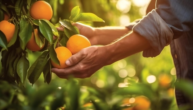 Immagine ravvicinata di un contadino che raccoglie arance o mandarini