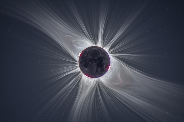 Immagine ravvicinata di un'eclissi solare che mostra i raggi emessi dal sole
