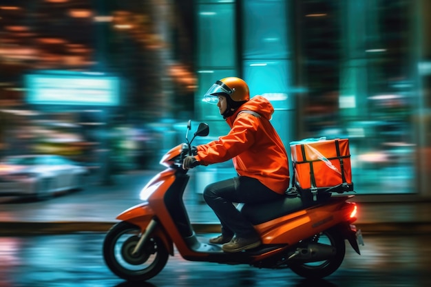 Immagine ravvicinata di un fattorino che guida il suo scooter per le strade della città di notte IA generativa