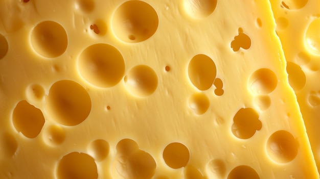 Immagine ravvicinata di un formaggio svizzero che mostra i suoi caratteristici fori e la sua consistenza, perfetti per la cucina.