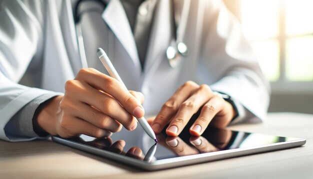 Immagine ravvicinata di un professionista medico che usa uno stilo su un tablet digitale per aggiornare o rivedere le cartelle sanitarie dei pazienti