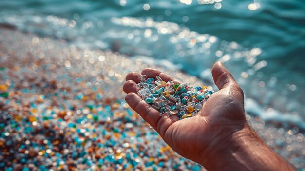 Immagine ravvicinata di un uomo con la mano che tiene le microplastiche trovate sulla riva del mare con un grande spazio per il testo un concetto di salvare la terra AI generativa