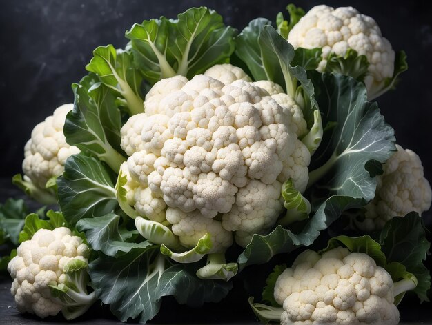 immagine ravvicinata di una bella verdura di cavolfiore con gocce d'acqua