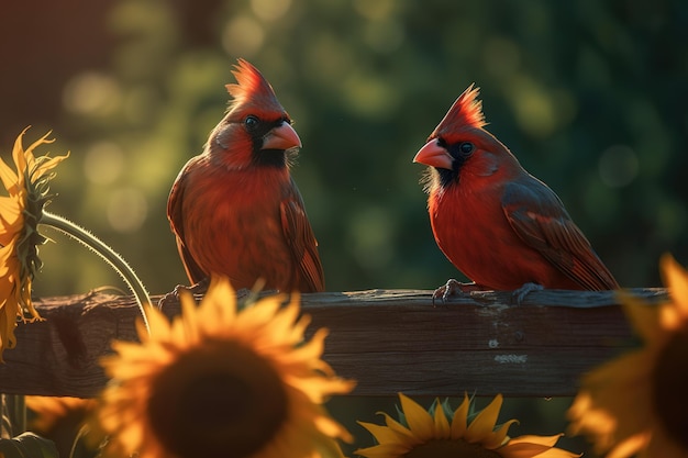 Immagine ravvicinata di una coppia di uccelli cardinali rossi del nord su una recinzione di una fattoria di legno con molti girasoli