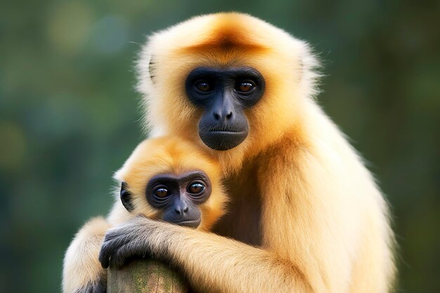 Immagine ravvicinata di una madre scimmia cheeked gibbon con un bambino nella foresta AI generativa