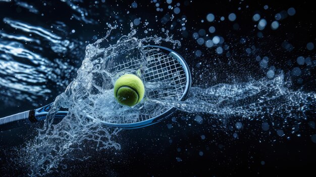 Immagine ravvicinata di una palla da tennis e di una racchetta con uno spruzzo d'acqua isolato su uno sfondo scuro