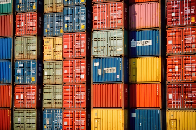 Immagine ravvicinata di una pila di container marittimi in un porto trafficato che enfatizza l'aspetto logistico del trasporto di merci