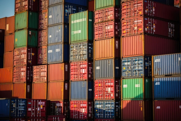 Immagine ravvicinata di una pila di container marittimi in un porto trafficato che enfatizza l'aspetto logistico del trasporto di merci