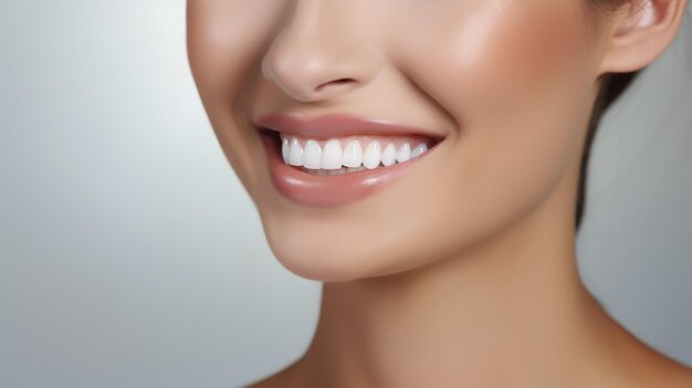Immagine ravvicinata Una bella donna sorride con denti bianchi e sani concetto di odontoiatria