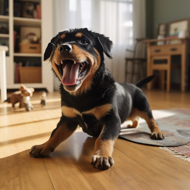 Immagine realistica 3d di Rottweiler felice che gioca con i proprietari sulla spiaggia