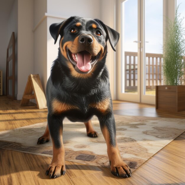 Immagine realistica 3d di Rottweiler felice che gioca con i proprietari sulla spiaggia