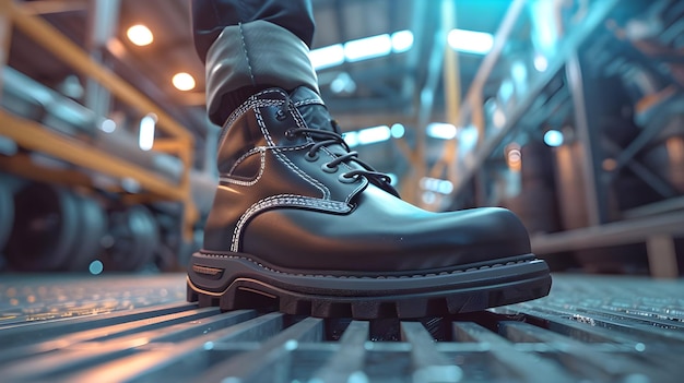 Immagine realistica ad alta definizione in 8K di scarpe da lavoro di sicurezza sul pavimento della fabbrica Ai Generato
