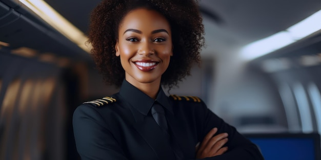 Immagine realistica della donna nera che è in aereo Bella immagine dell'illustrazione Generative AI