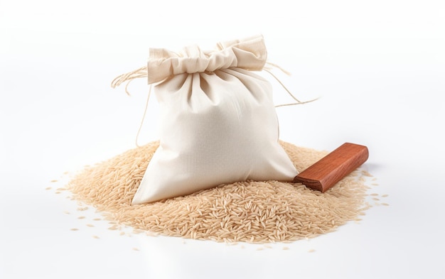 Immagine realistica di 8K di sacchetto di riso Basmati su sfondo bianco