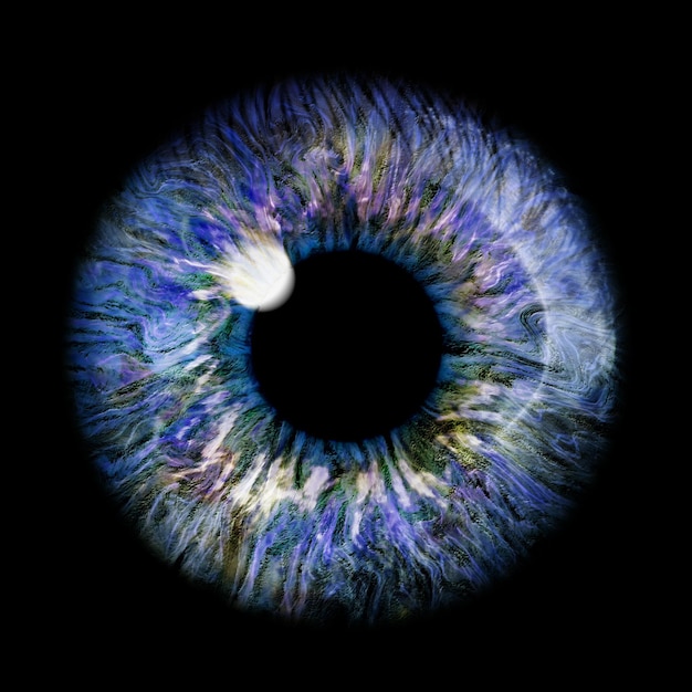 Immagine realistica di un occhio. Iride, cornea, retina con flash luminoso. Occhio azzurro. Illustrazione 3D