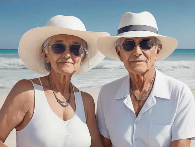 Immagine realistica di un uomo anziano e una donna che indossano occhiali da sole e un cappello bianco su una spiaggia