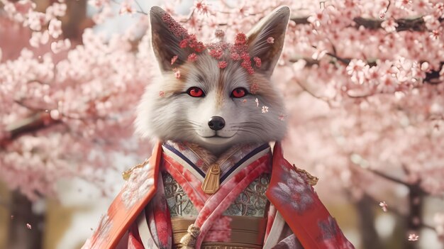 Immagine realistica di una volpe umana di spirito giapponese Kitsune vestita con un costume da samurai o kimono Fiori di ciliegio sakura Generative ai