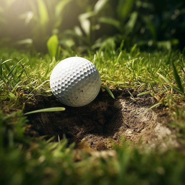 Immagine realistica in 3D di una palla da golf su un terreno erboso vicino alla coppa