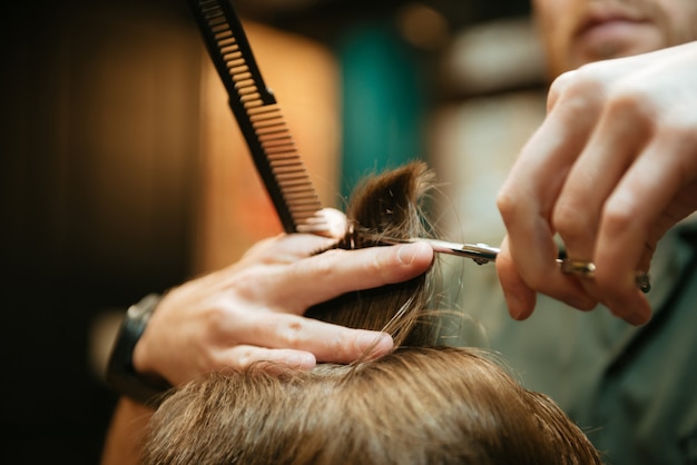 Immagine ritagliata dello stilista professionista tagliato i capelli del suo cliente.