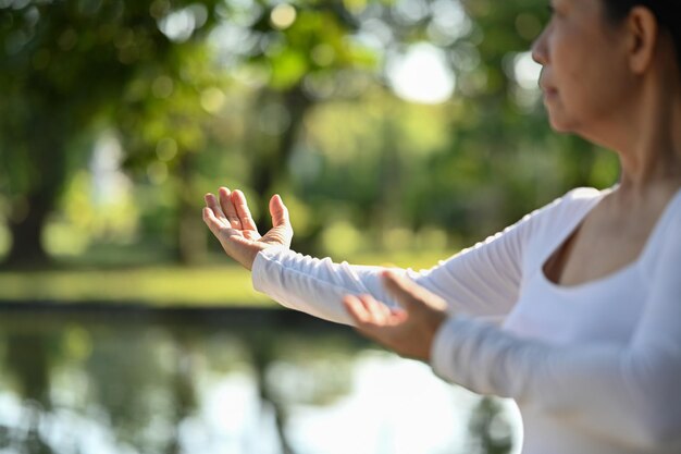 Immagine ritagliata di persone anziane che praticano Tai Chi al mattino Concetto di stile di vita attivo per la pensione