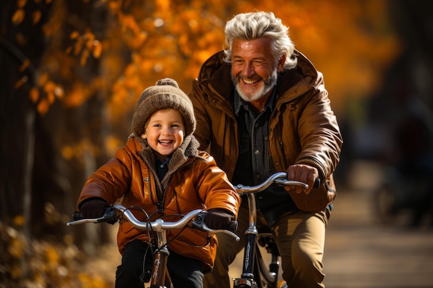 Immagine ritagliata di un bambino felice in bicicletta Un uomo dai capelli grigi che segue il ragazzo Il nonno e il nipote si divertono all'aperto in autunno sullo sfondo sfocato