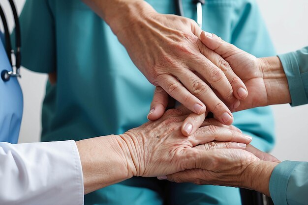 Immagine ritagliata di un'infermiera che tiene la mano dei suoi pazienti anziani dando supporto al medico che aiuta un vecchio paziente con la malattia di Alzheimer Un assistente femminile che tiene le mani di un uomo anziano