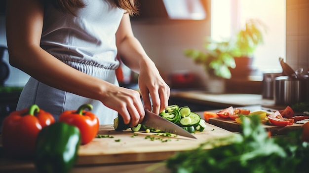 immagine ritagliata di una donna che taglia le verdure in cucina