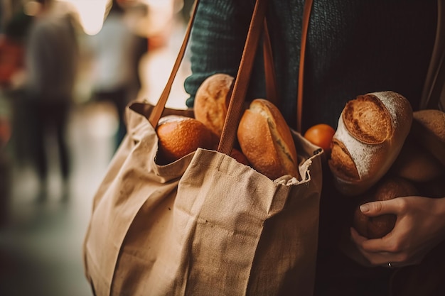 Immagine ritagliata di una giovane donna che trasporta due borse piene di generi alimentari IA generativa