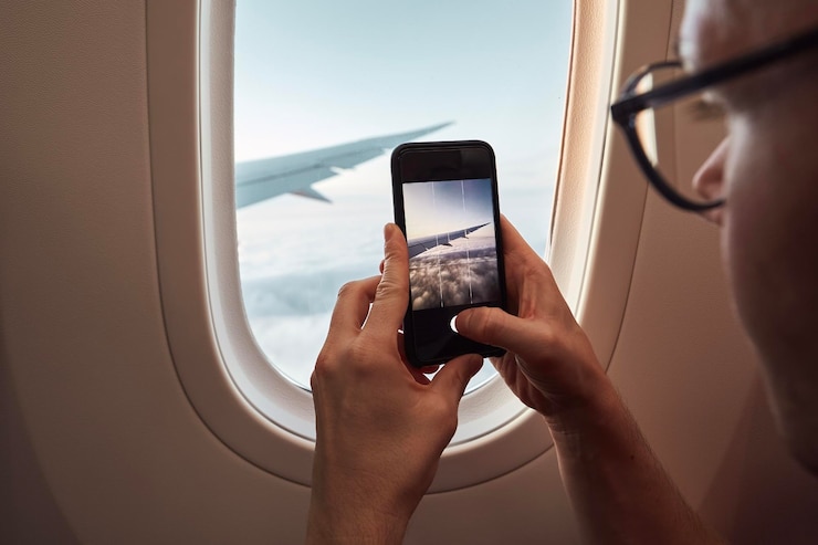 Foto immagine ritagliata di una persona che scatta una foto attraverso la finestra di un aereo