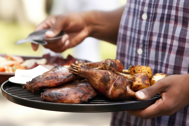 Immagine ritagliata di una persona che ti porge un piatto al barbecue creata con l'IA generativa