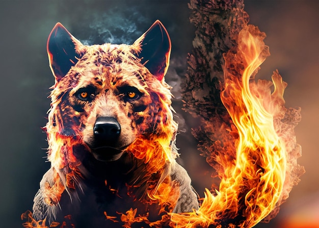Immagine ritratto a doppia esposizione di testa di lupo di fuoco