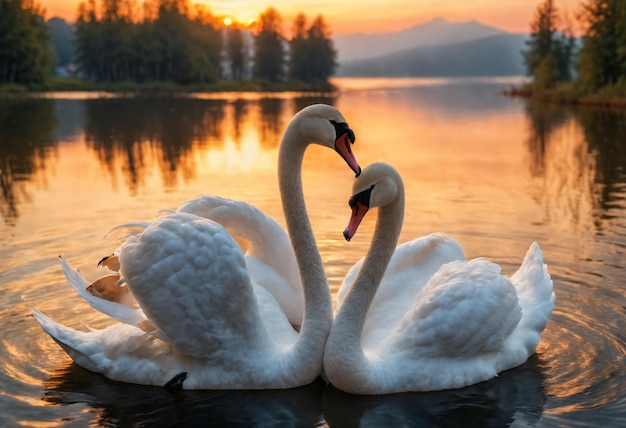 Immagine romantica coppia di cigni sul lago al tramonto AI generativa