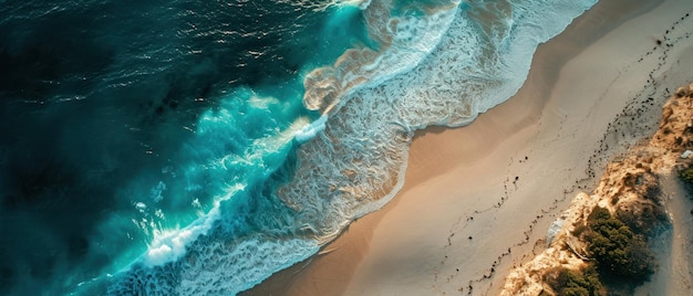 Immagine serena che cattura la spiaggia e l'oceano mostrando il tranquillo punto di incontro tra terra e mare.