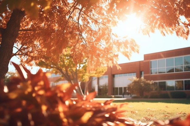 immagine sfocata del campus di una scuola superiore o universitaria in una soleggiata giornata d'autunno
