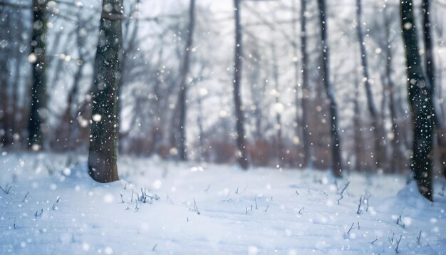 Immagine sfocata di una foresta invernale piccoli cumuli di neve e nevicate leggere