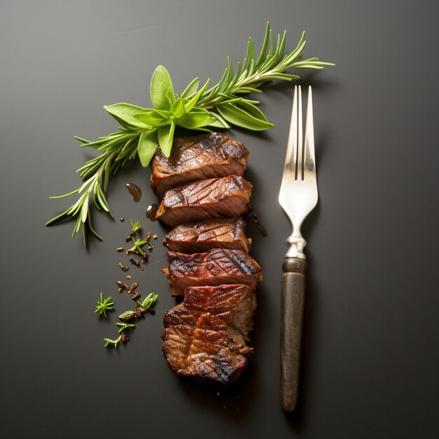 Immagine stock di alta qualità di bistecca Arafed deliziosamente condita con erbe e una forchetta su un elegante piatto nero ...