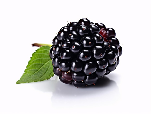 Immagine stock di alta qualità di un Blackberry con una foglia su uno sfondo bianco generata da AI