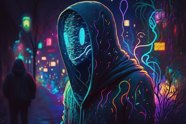 Immagine surreale al neon di una persona senza volto Bella immagine illustrativa IA generativa