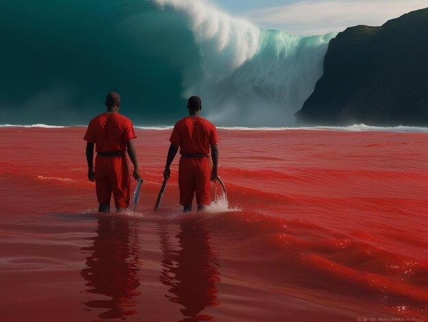 immagine surreale di due uomini in un fiume rosso