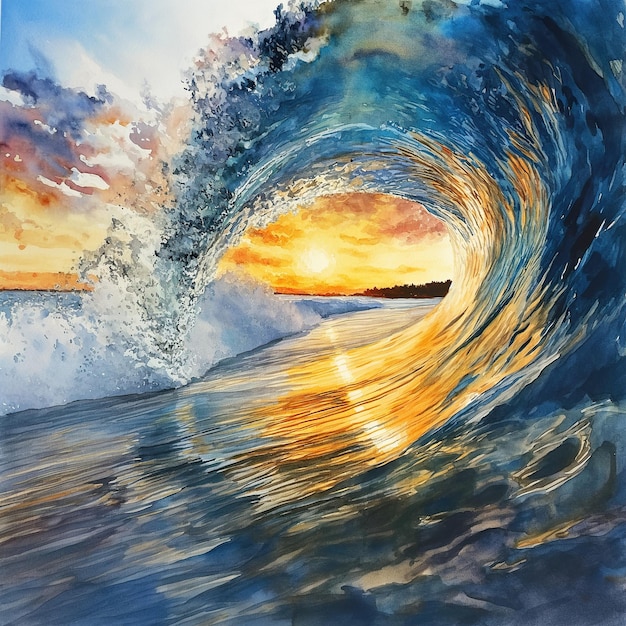 Immagine ultra dettagliata di una persona su una tavola da surf in un tramonto di onde sullo sfondo