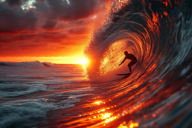 Immagine ultra dettagliata di una persona su una tavola da surf in un tramonto di onde sullo sfondo