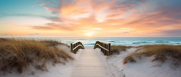 Immagine ultra larga che mostra un sentiero sulla spiaggia e la scansione dell'orizzonte durante l'alba