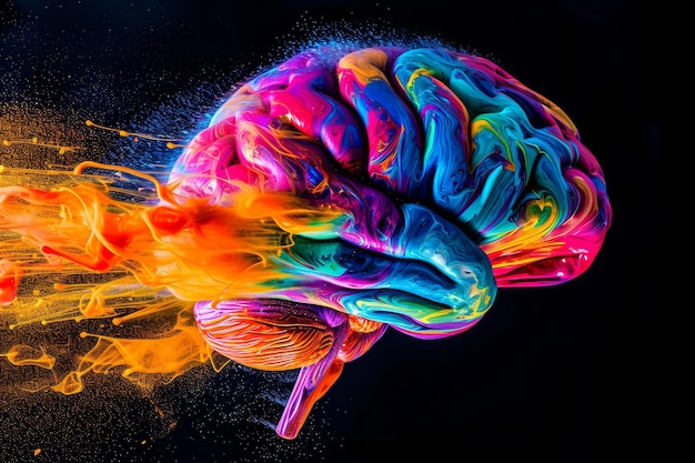 Immagine vibrante che mostra un cervello umano carico di creatività pieno di colori
