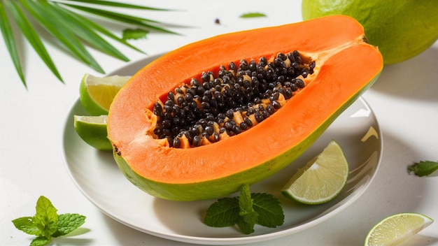 immagine vibrante di una papaya appena tagliata che rivela la sua carne arancione brillante