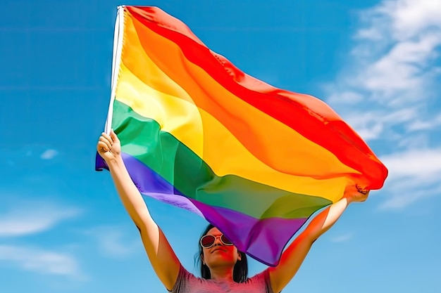 Immagine vibrante di una ragazza che sventola con orgoglio la bandiera arcobaleno LGBT Generative AI