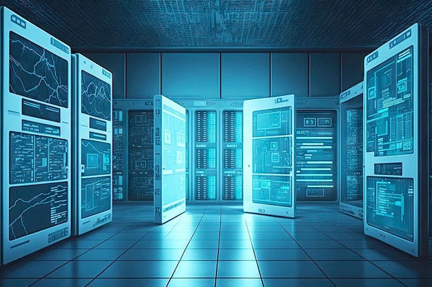 Immagine Whiteblue della tecnologia dell'informazione nel data center futuristico della biblioteca ai generativa