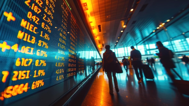 Immagine Zoom di una scheda dei tassi di cambio in un aeroporto internazionale passeggeri con bagagli che passano