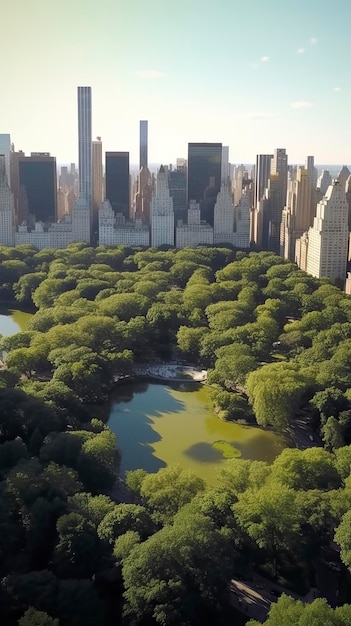 Immagini aeree in elicottero sopra il Central Park con gli alberi naturali e le persone